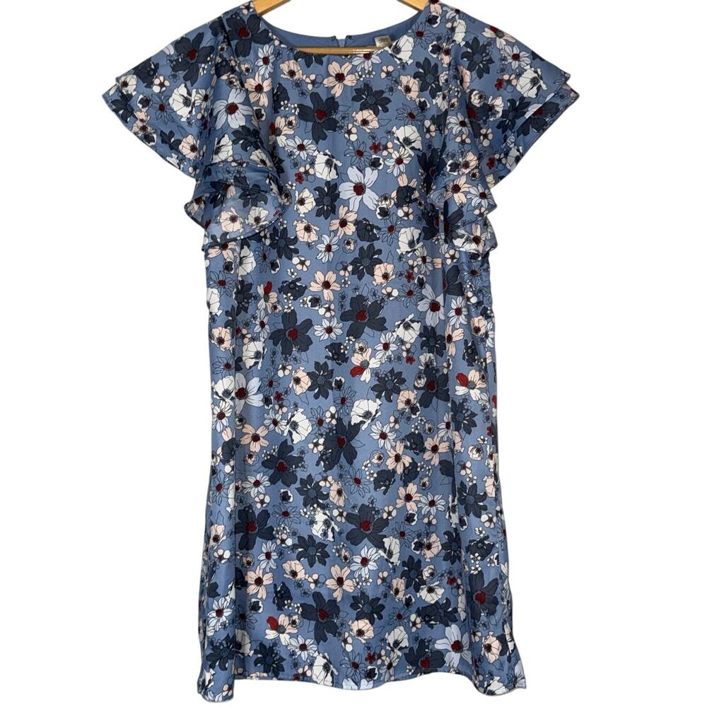 NEW Ann Taylor Loft Periwinkle Blue Floral Shift Mini Dress Sz XS Flutter Sleeve - Picture 2 of 7